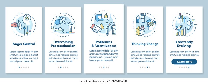 Personal growth technique onboarding mobile app page screen with concepts. Evolve and develop. Achieve goal walkthrough 5 steps graphic instructions. UI vector template with RGB color illustrations