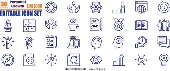 Personal growth thin line icons set. Career, progress, coaching, business people, training, professional, development, knowledge, personal growth related thin line icon collection.