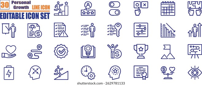 Personal growth thin line icons set. Career, progress, coaching, business people, training, professional, development, knowledge, personal growth related thin line icon collection.