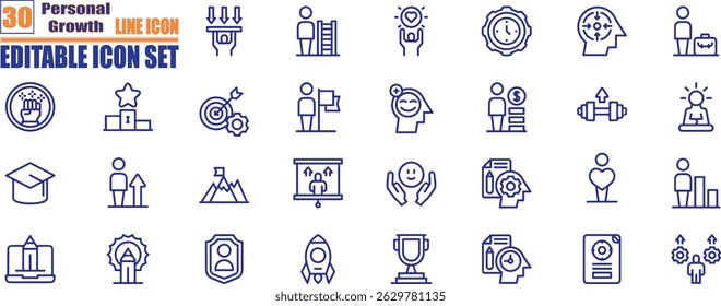 Personal growth thin line icons set. Career, progress, coaching, business people, training, professional, development, knowledge, personal growth related thin line icon collection.