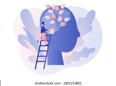 Personal growth. Tiny man watering that growing plant from the brain as metaphor growth personality. Self-improvement and self development concept. Modern flat cartoon style. Vector illustration