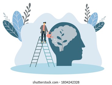 Personal growth. Tiny man watering that growing plant from the brain as metaphor growth personality. Self-improvement and self development concept. Modern flat cartoon style. Vector illustration