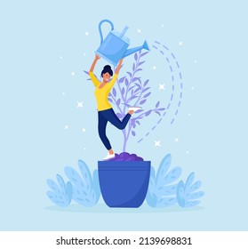 Personal Growth. Tiny Woman In Flower Pot Watering Herself. Metaphor Growth Personality As Plant. Self Improvement And Professional Development. Vector Design