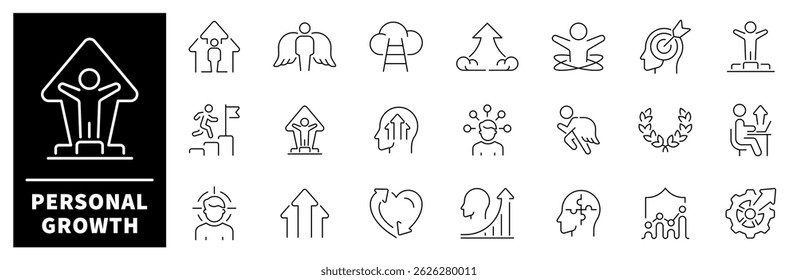 Personal growth vector icons. Personal growth thin line icons collection. Career, progress, coaching, business people, training, professional, development, knowledge, personal growth related icons
