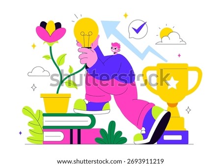 Personal Growth Vector Illustration Featuring Development Through Positive Habits, Lifelong Learning, Adaptability and Perseverance for Career Success