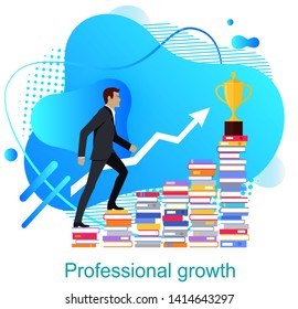 Personal growth vector, man walking up on books, development of skills and abilities, road to success and wealth. Businessman wearing suit colorful design