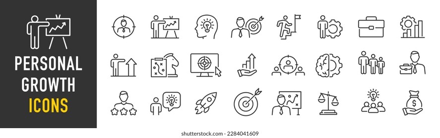 Iconos web de crecimiento personal en estilo de línea. Ganancia de crecimiento, progreso de carrera, gente de negocios, estrategia, entrenamiento, tutoría, recolección. Ilustración vectorial.