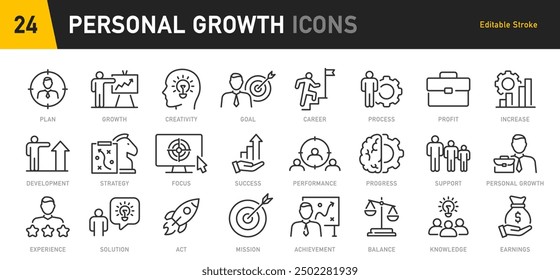 Personal growth web icons in line style. Growth profit, career progress, business people, strategy, coaching, tutorship, collection. Vector illustration.	