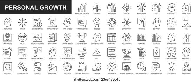 Iconos web de crecimiento personal ajustados en diseño de línea delgada. Conjunto de liderazgo, visión, mentoría, habilidad, creatividad, motivación, impacto, compensación, comunicación, entre otros. Pictogramas de trazo de contorno del vector