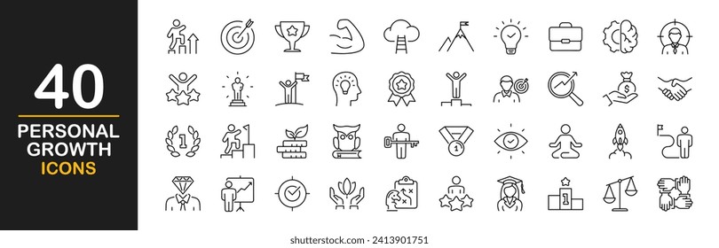 Personal growth web icons set. Growth and success - simple thin line icons collection. Containing career progress, growth profit coaching, business people, tutorship and more. Simple web icons set