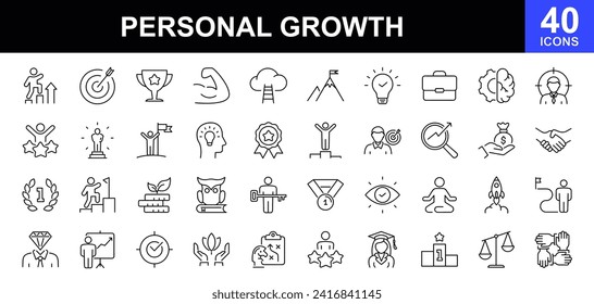 Personal growth web icons set. Growth and success - simple thin line icons collection. Containing career progress, growth profit coaching, business people, tutorship and more. Simple web icons set