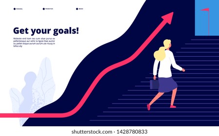 Personal growth. Woman walking steps to success, boost your work to target. Professional career business vector concept. Illustration of climbing to opportunity, personal success in career