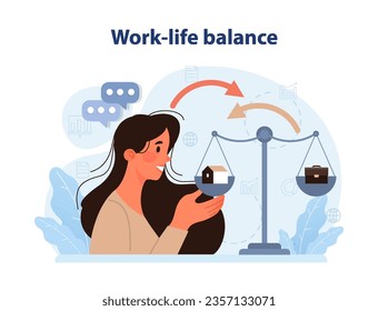 Crecimiento personal. Equilibrio de vida laboral. Estilo de vida moderno, límites saludables entre trabajo y yo para la armonía corporal y mental. Ilustración vectorial plana