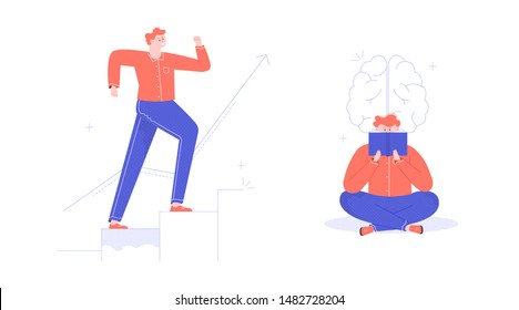 Personal growth, young man climbs up the stairs, read book, self-education, career growth, cartoon people character, flat vector illustration