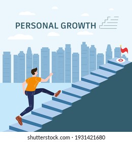 Personal growth Young man running up stairway concept. Self-improvement, self development success, achievement, motivation. Modern flat cartoon style. Vector illustration