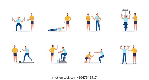 Personal gym coach or trainer and his client cartoon characters, flat vector illustration isolated on white background. Workout with personal instructor scenes set.