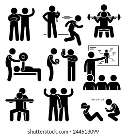 Personal Gym Coach Trainer Instructor Exercise Workout Stick Figure Pictogram Icons