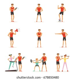 Personal Gym Coach Trainer Or Instructor Set Of Vector Illustrations