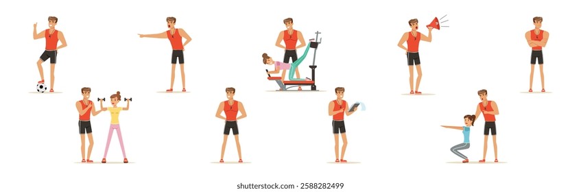 Personal Gym Coach and Trainer Man Character Vector Set