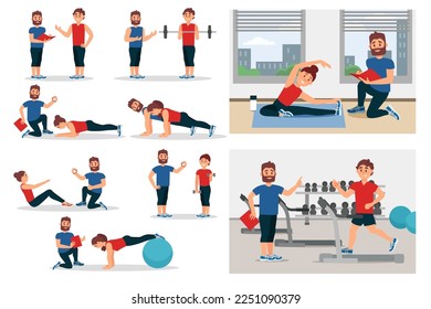 Personal Gym Coach or Trainer Training People Giving Instruction Big Vector Set