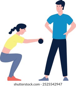 Personal gym instructor training woman with dumbbells icon