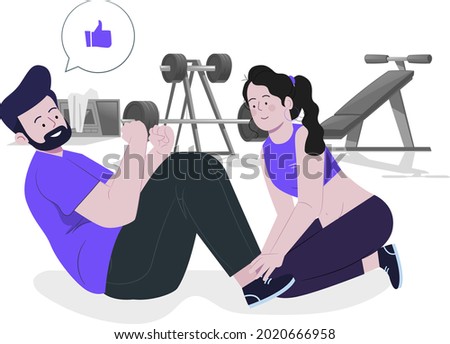 Personal gym trainer concept flat design illustration, Fitness man training with his personal trainer at the gym. Young couple doing stretching exercises