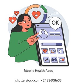 Personal health management concept. Woman uses mobile app for wellness tracking and medical consultation. User-centric healthcare application. Flat vector illustration.