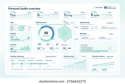 Personal health overview dashboard interface with wellness score, biomarkers, appointments and preventive care analytics