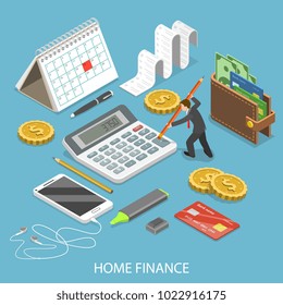 Personal home finance flat isometric vector concept. Man is calculating a budget surrounded by corresponding attributes.