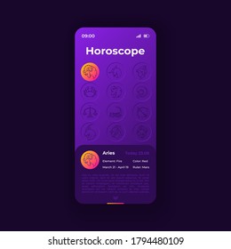 Personal horoscope app smartphone interface vector template. Mobile app page night mode design layout. Taurus future prediction screen. Flat UI for application. Twelve zodiac signs on phone display