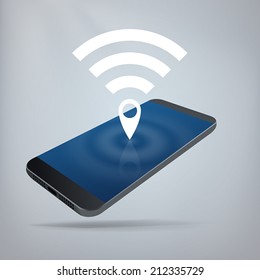 Personal Hotspot Concept. Wifi And Map Pin Icon On Top Of Smartphone. Layered File For Easy Customization. Fully Scalable Vector Illustration.