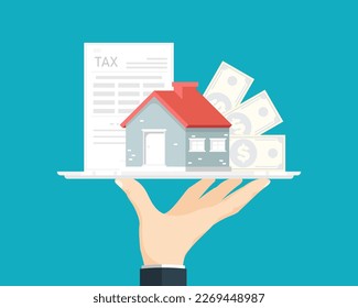 Personal housing tax concept, Business human hand with housing, money and tax document on isolated background, Digital marketing illustration.