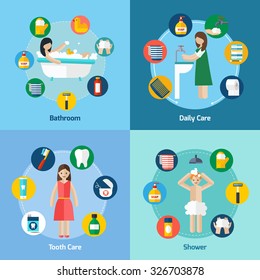 Personal hygiene 4 flat icons square composition banner with shower and teeth care abstract isolated vector illustration