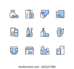 Personal hygiene accessories - modern colorful line design style icons with editable stroke. Things to donate idea. Medical supplies, kitchen, gadgets for personal use and sporting goods idea