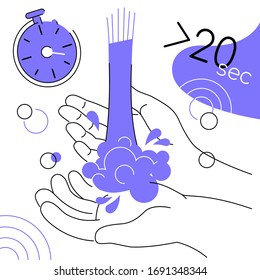 Personal hygiene advice - flat design style illustration. A purple poster with coronavirus protective measure, safety idea. Wash your hands with soap not less than for 20 seconds recommendation