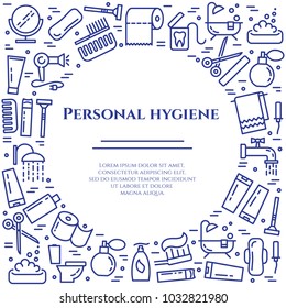 Personal hygiene banner with blue thin line elements of healthcare and cleaning theme collected in square form with empty round. Vector illustration of isolated outline icons with editable stroke.