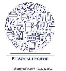 Personal hygiene banner with thin line elements of healthcare and cleaning theme collected in form of round. Vector illustration of isolated outline icons with editable stroke.