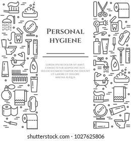 Personal hygiene banner with thin line elements of healthcare and cleaning theme collected in form of two vertical rectangles. Vector illustration of isolated outline icons with editable stroke.