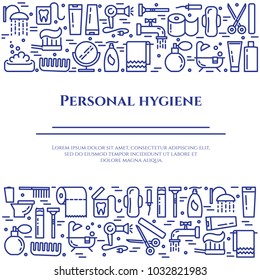 Personal hygiene banner with thin line elements of healthcare and cleaning theme collected in form of two horizontal rectangles. Vector illustration of isolated outline icons with editable stroke.