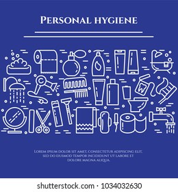Personal hygiene banner with thin line elements of healthcare and cleaning pictograms collected in form of horizontal rectangle. Vector illustration of isolated outline icons with editable stroke.