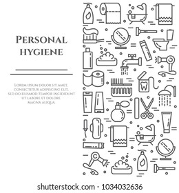 Personal hygiene banner with thin line elements of healthcare and cleaning pictograms collected in form of vertical rectangle. Vector illustration of isolated outline silhouettes with editable stroke.