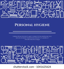 Personal hygiene banner with thin line elements of healthcare and cleaning pictograms collected in form of two horizontal rectangles. Vector illustration of isolated outline icons with editable stroke
