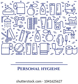 Personal hygiene banner with thin line elements of healthcare and cleaning pictograms collected in form of horizontal rectangle. Vector illustration of isolated outline icons with editable stroke.