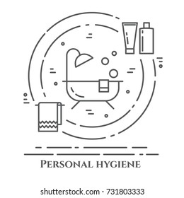 Personal hygiene banner with thin line pictograms of bathtub inside circle and shampoo and towel on it isolated on white background. Vector illustration of outline icons.
