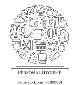 Personal hygiene banner with thin line elements of healthcare and cleaning theme collected in form of round. Vector illustration of isolated outline icons.