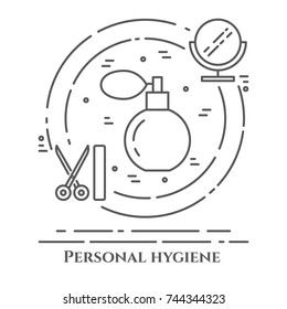 Personal hygiene banner with thin line elements of healthcare and beauty theme in circle. Vector illustration of isolated outline icons with editable stroke.