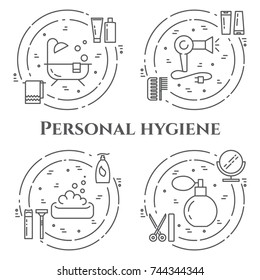 Personal hygiene banner with thin line elements of healthcare, beauty and cleaning pictograms in circles. Vector illustration of isolated outline silhouettes with editable stroke.