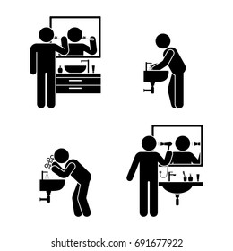 Personal hygiene bathroom set. Vector illustration of teeth brushing, washing hands and face, hair drying pictogram