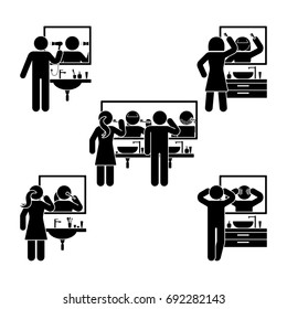 Personal hygiene bathroom set. Vector illustration of teeth brushing, washing face, make up, shaving, combing and drying hair pictogram