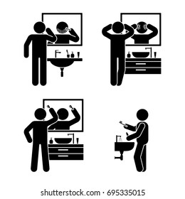 Personal hygiene bathroom set. Vector illustration of teeth brushing, washing face, shaving, combing hair pictogram